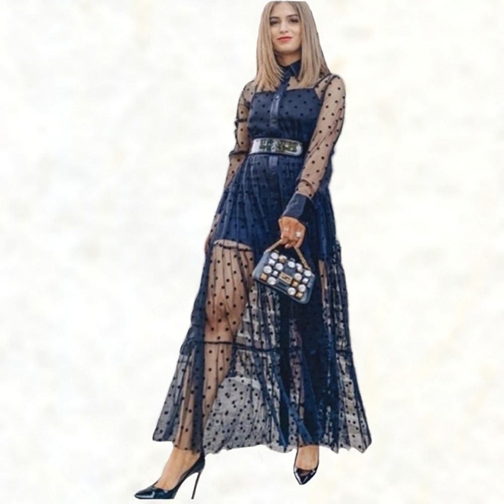 Belted PolkaDot Tulle Long Sleeve Button Front Shirt Dress Full Skirt Maxi- sz 6